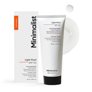 minimalist light fluid sunscreen spf 50 for oily skin (pa++++) | clinically tested in us| no white cast | broad spectrum | lightweight, water & sweat resistant | for women & men | 50ml